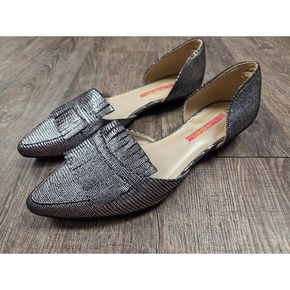 C LABEL Black Silver Kilt Pointy Toe D'Orsay Flat Textured Slip on Shoes Size 7 - Picture 1 of 9